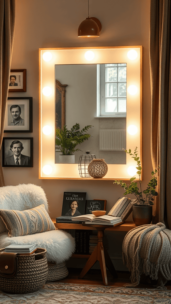 Cozy nook with a large, illuminated mirror, a comfy chair, and decorative elements.