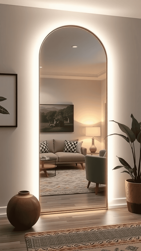 A well-decorated small room featuring a large illuminated mirror, a cozy sofa, and decor elements.