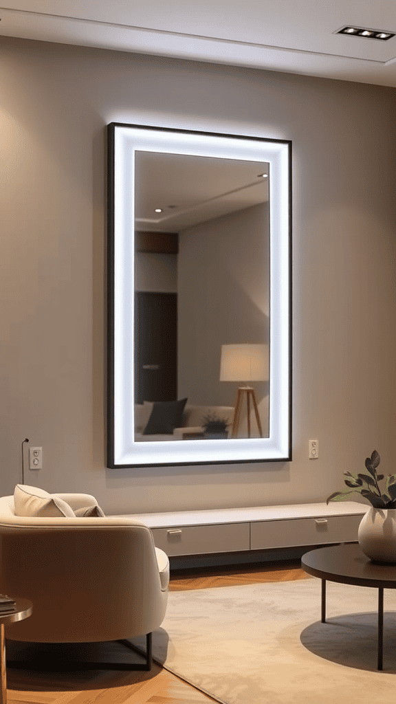 A modern living room featuring a well-lit mirror, a stylish chair, and a round coffee table.