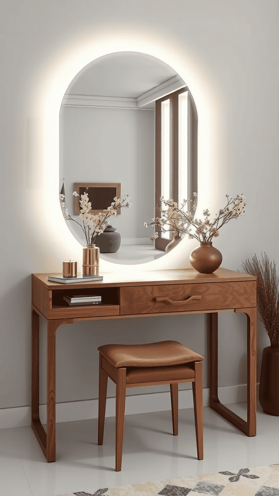 A stylish wooden desk with a round illuminated mirror and decorative items on top.