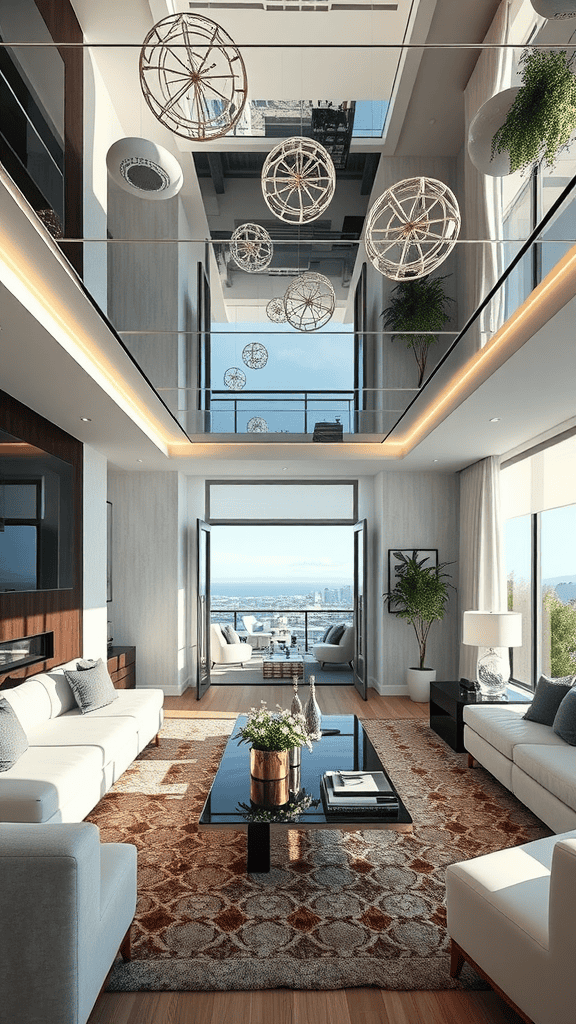 A modern living room with a mirrored ceiling and stylish decor.