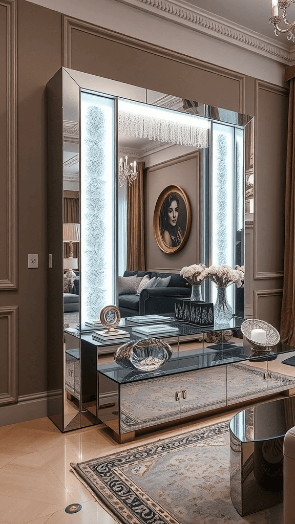 A stylish living room featuring mirrored furniture with decorative elements and a modern design.