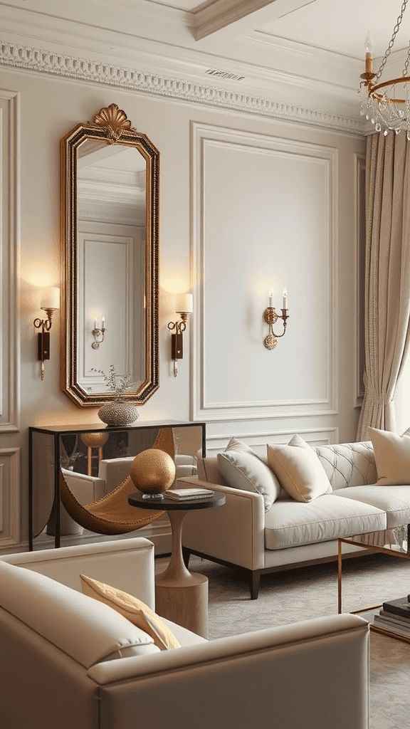 A stylish living room featuring mirrored wall sconces, elegant furniture, and a sophisticated decor.