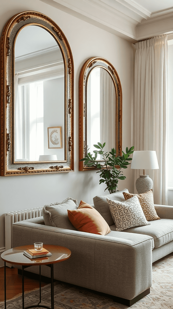 Elegant living room featuring mirrors with textured frames above a cozy sofa
