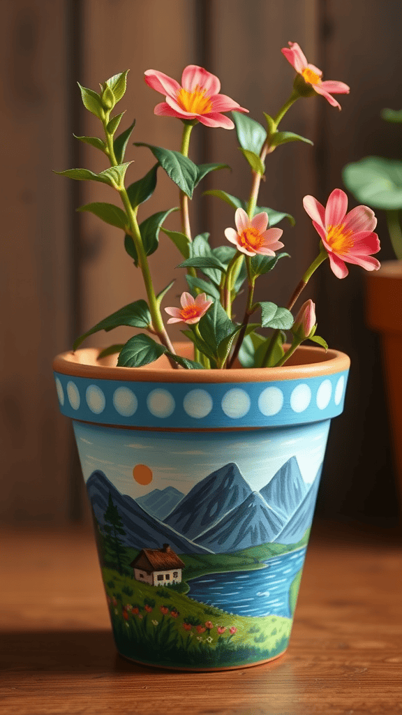 A painted flower pot with pink flowers and a landscape design featuring mountains, a river, and a house.