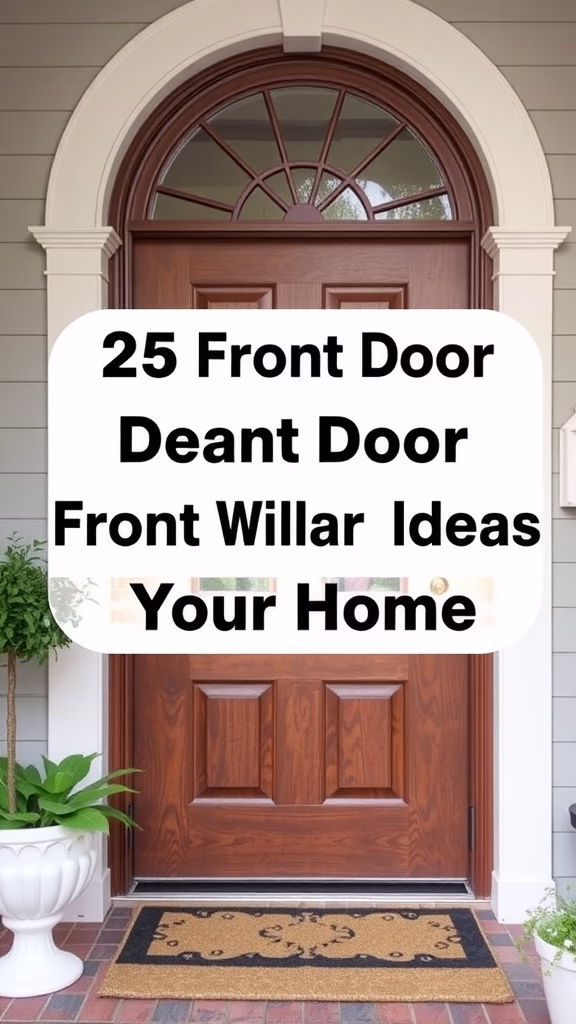 A stylish wooden front door with a decorative doormat and potted plant.