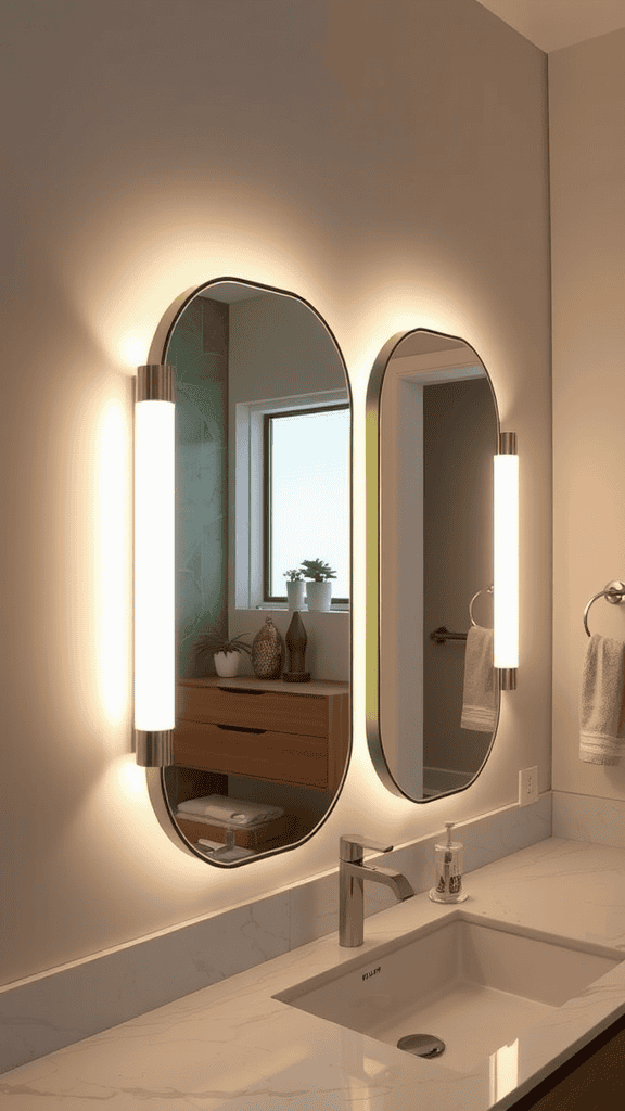 A modern bathroom featuring two backlit mirrors with green accents and stylish lighting.
