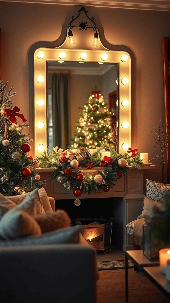 Cozy living room decorated for the holidays with a backlit mirror, Christmas tree, and festive garlands.