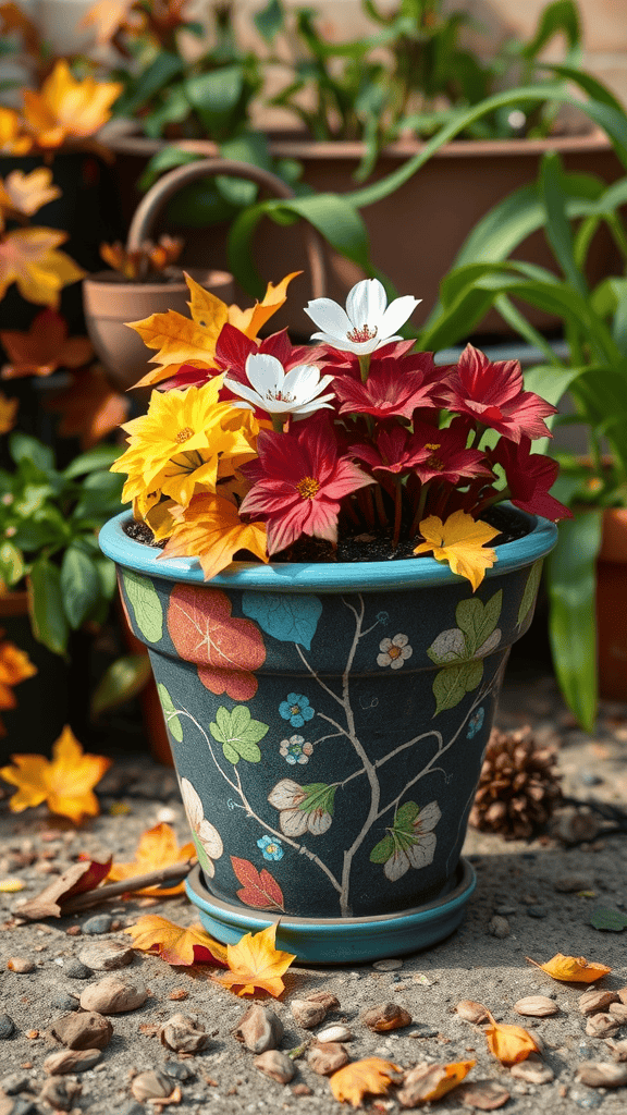 A vibrant flower pot with red and yellow leaves and flowers, surrounded by autumn foliage.