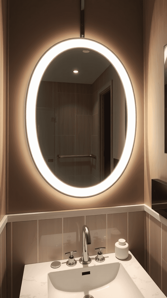 Stylish bathroom mirror with built-in lighting above a sink.