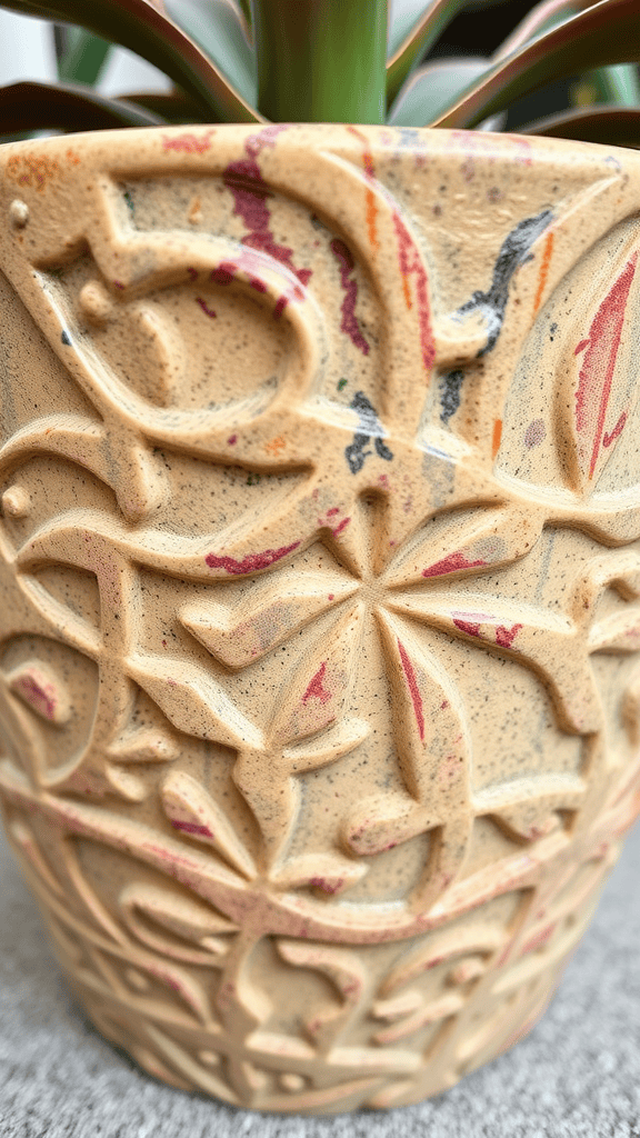 Close-up of a textured pot with floral patterns and colorful splashes