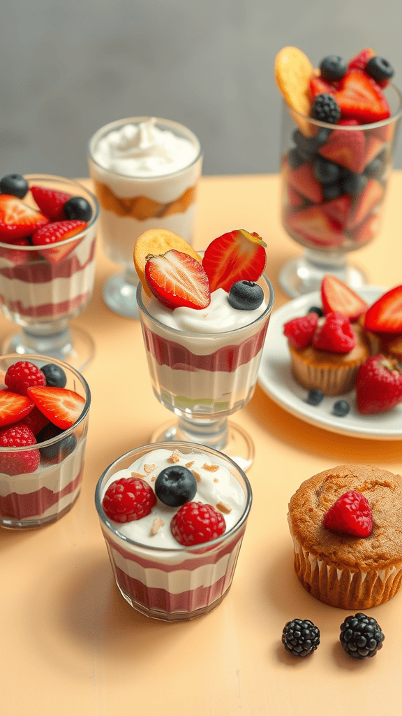 An assortment of healthy desserts featuring layered fruit and creamy bases.