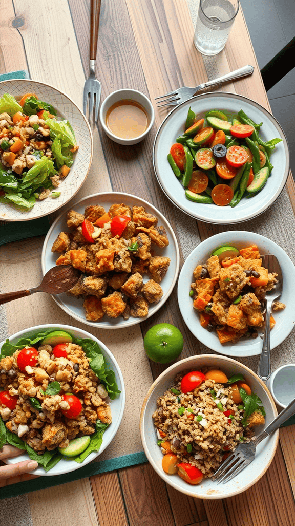 A variety of healthy dishes including salads and grain bowls on a wooden table.