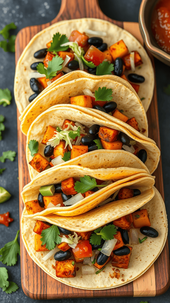 A wooden board with stacked veggie tacos filled with roasted sweet potatoes, black beans, and fresh toppings.