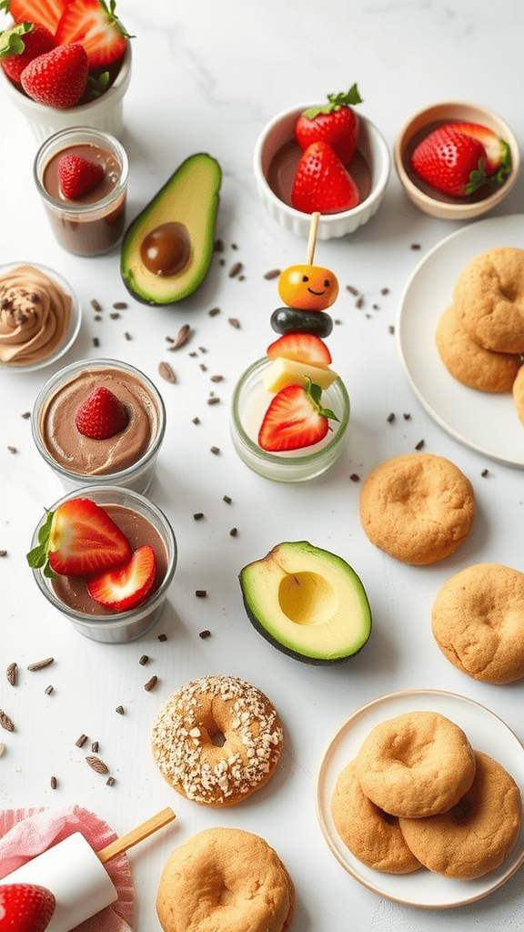 An assortment of healthy desserts including chocolate mousse, fruit skewers, and baked goods.