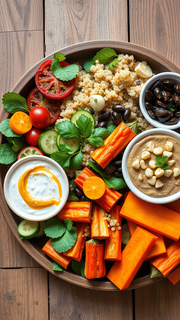 A colorful vegan platter filled with couscous, fresh vegetables, and dips.