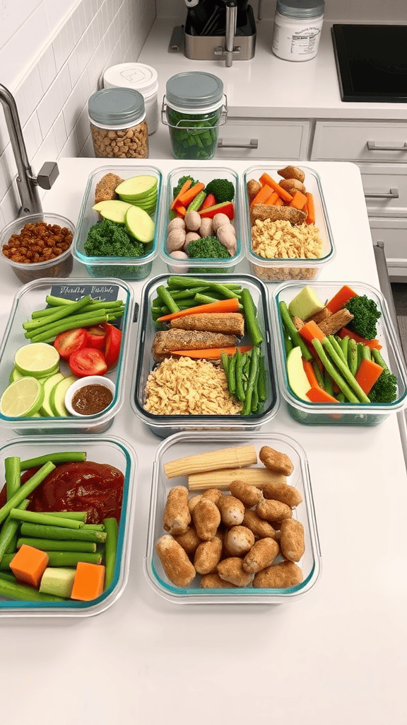 Organized meal prep containers filled with various healthy ingredients.