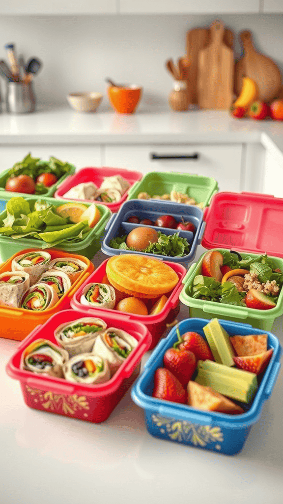 Colorful containers filled with healthy lunch options including wraps, salads, and fruits.