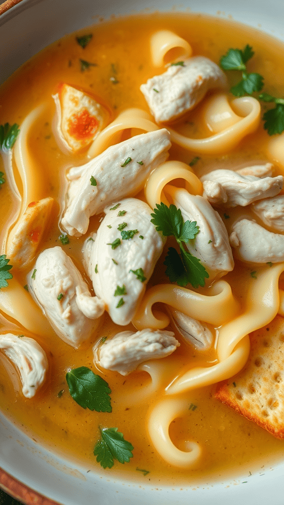 A bowl of chicken noodle soup with tender chicken, smooth noodles, and fresh herbs.