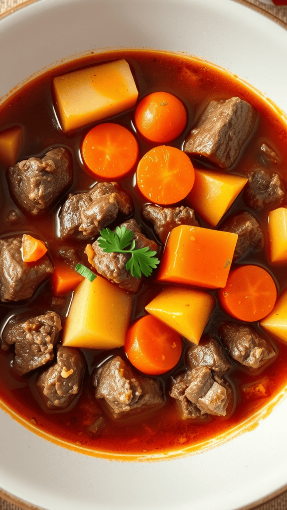 A bowl of beef stew with carrots and potatoes in a rich broth.