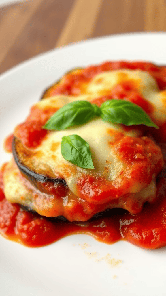 A plate of eggplant parmesan topped with fresh basil and marinara sauce.