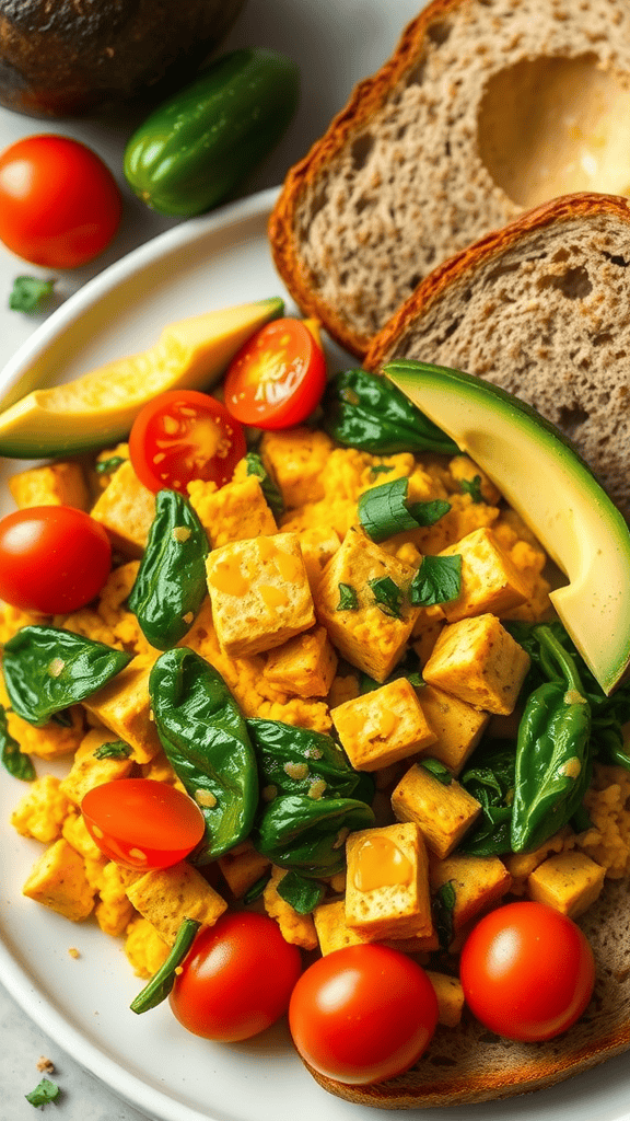 A colorful tofu scramble with spinach, tomatoes, and bread.