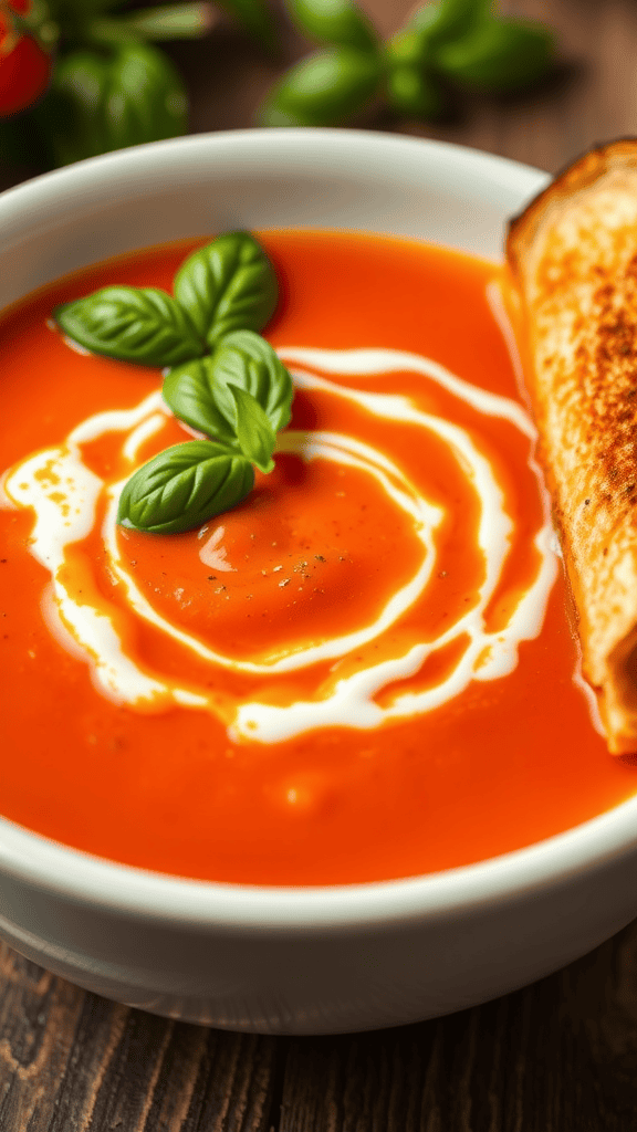 Bowl of tomato soup garnished with basil leaves and a swirl of cream, with fresh tomatoes and toasted bread in the background.