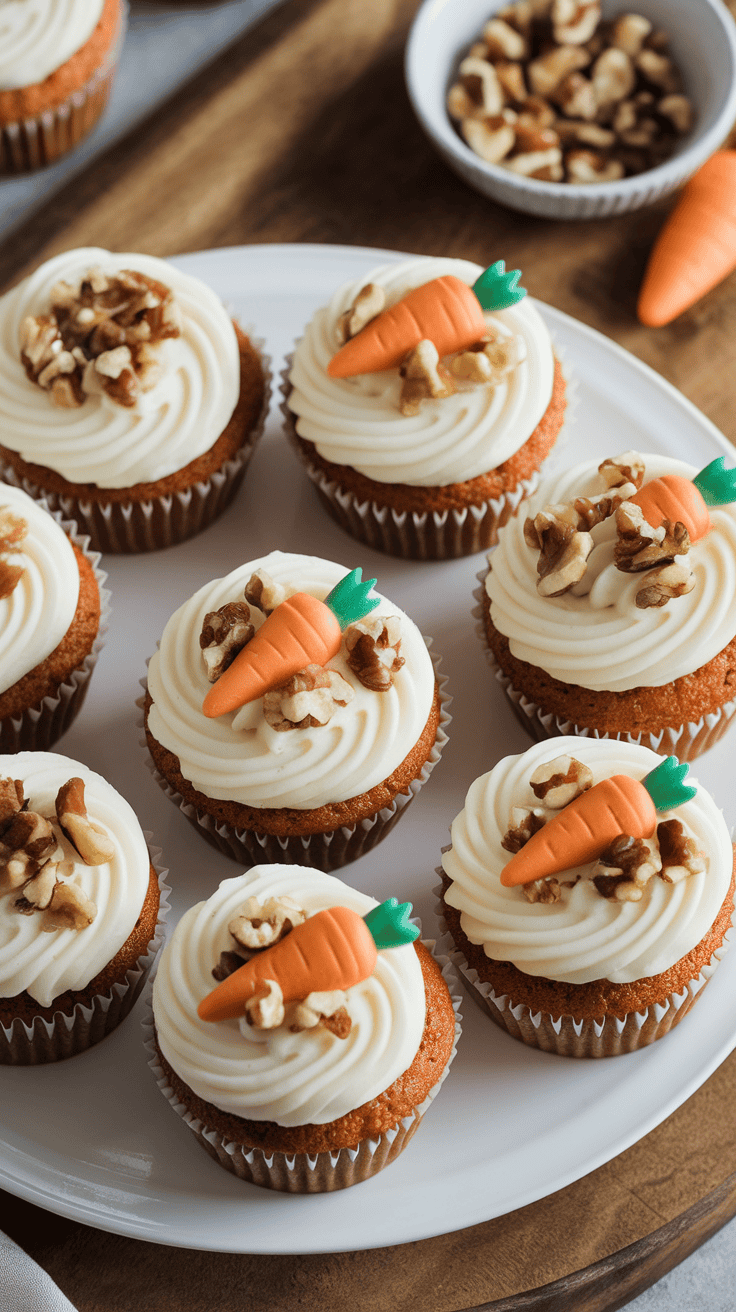 Delicious carrot cake cupcakes with cream cheese frosting and decorative carrot toppings.