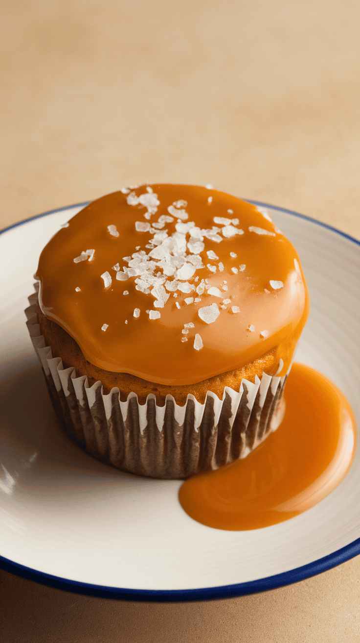 Delicious salted caramel cupcake with caramel drizzle and sea salt on top.