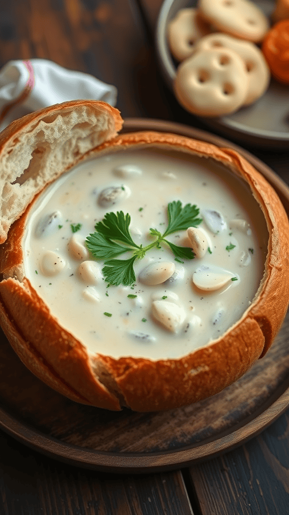 Bowl of clam chowder in a bread bowl garnished with parsley, with cookies on the side.