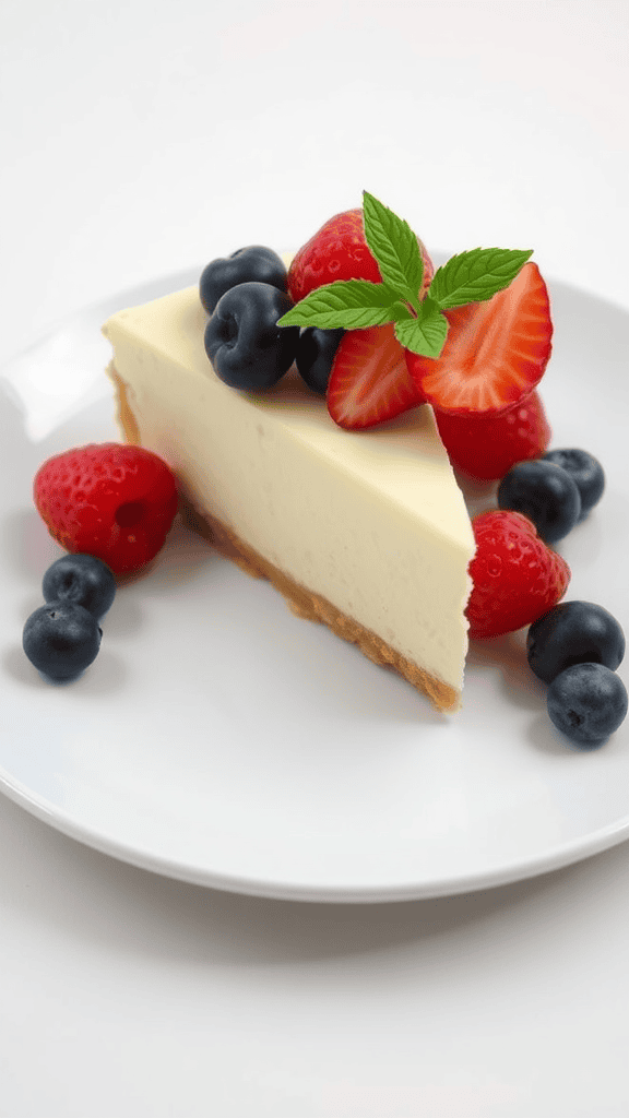 A slice of cheesecake topped with fresh berries on a white plate.