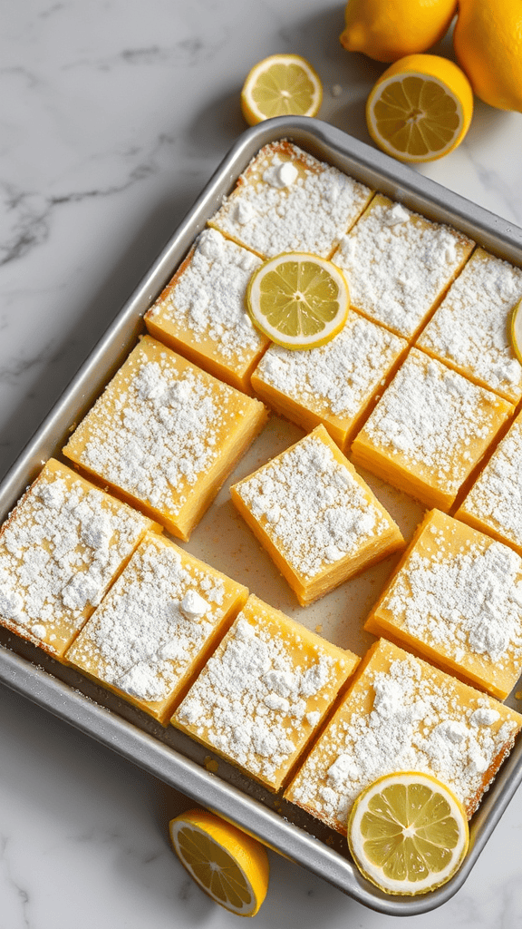 A tray of freshly baked lemon bars topped with powdered sugar and lemon slices.