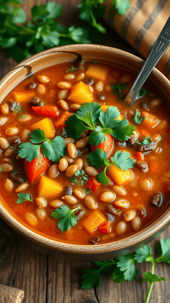 Delicious lentil soup with colorful vegetables and fresh cilantro on top