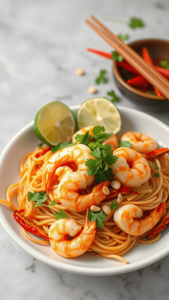 Delicious Pad Thai with shrimp, lime, and herbs in a bowl
