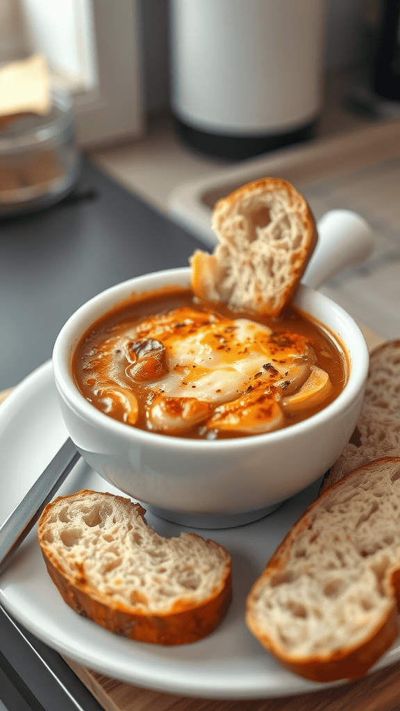 A bowl of French onion soup topped with cheese and accompanied by slices of crusty bread.