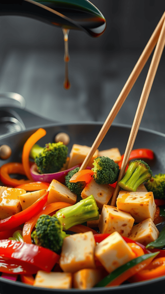 A colorful veggie stir-fry with tofu, broccoli, and bell peppers in a pan
