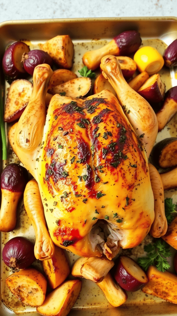 A whole chicken surrounded by colorful vegetables on a sheet pan