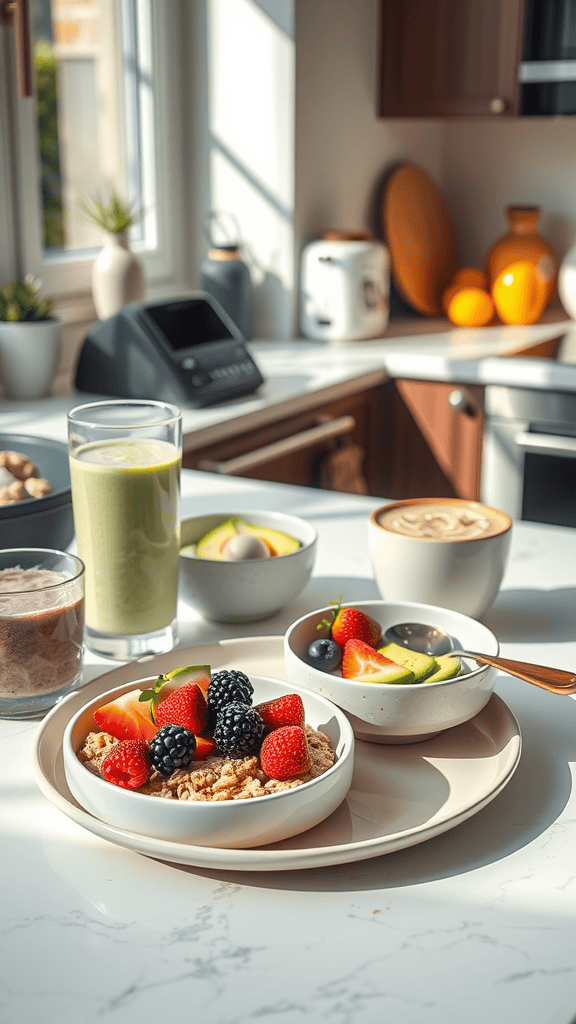A bright kitchen table with healthy breakfast options including a smoothie, fruits, and cereal.