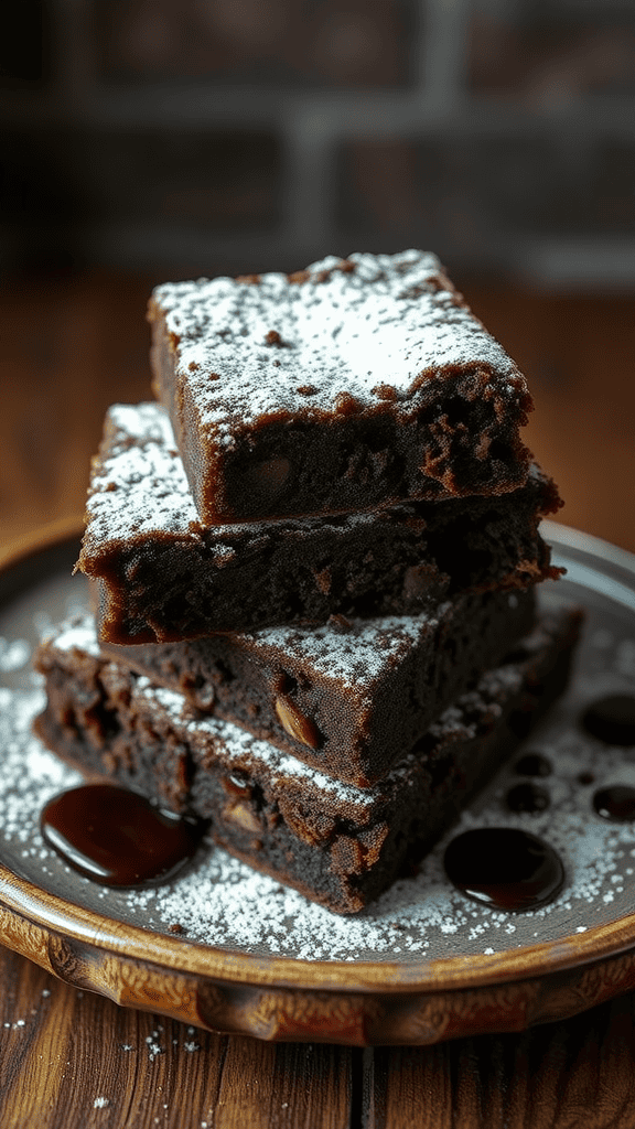 Stack of brownies dusted with powdered sugar