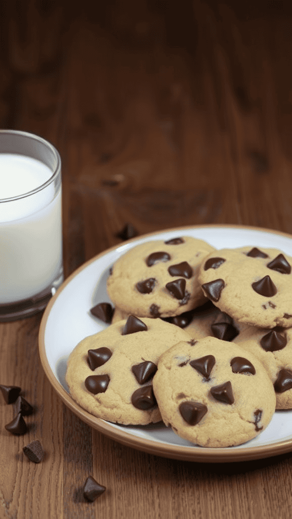 A plate of freshly baked chocolate chip cookies with a glass of milk