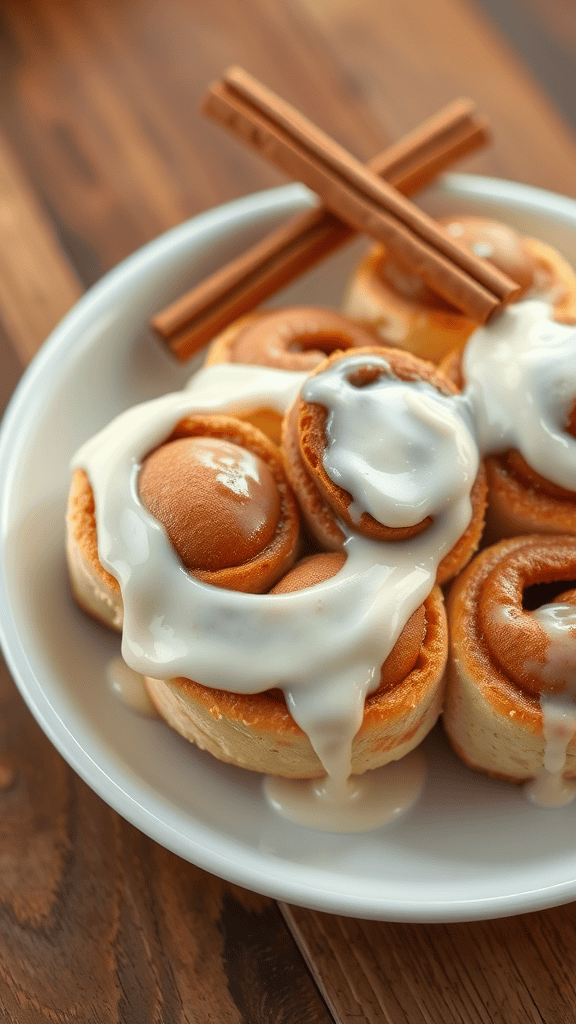 Delicious cinnamon rolls drizzled with cream cheese icing and garnished with cinnamon sticks.