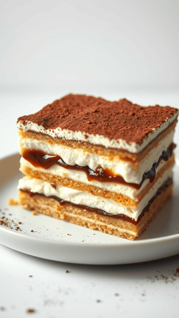A delicious layered tiramisu dessert on a plate.