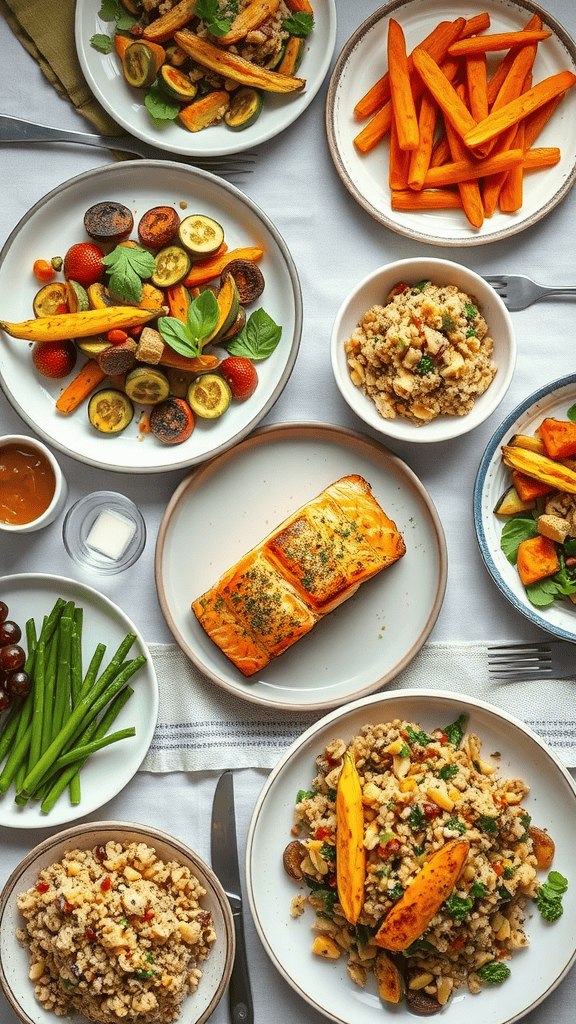 A colorful and healthy dinner spread with salmon, couscous, green beans, spinach, and roasted sweet potatoes.