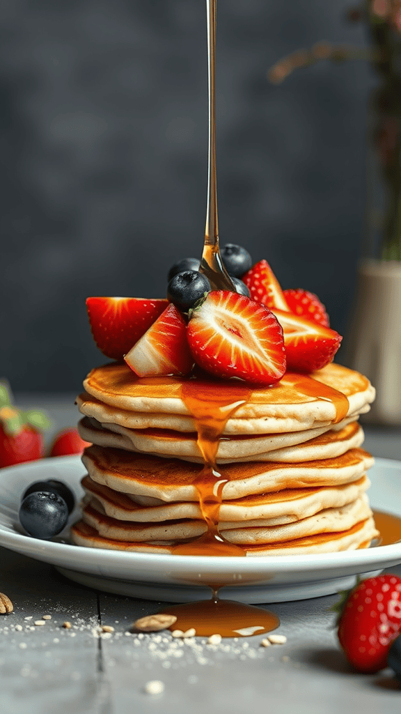 A stack of almond flour pancakes topped with strawberries and blueberries, drizzled with maple syrup.