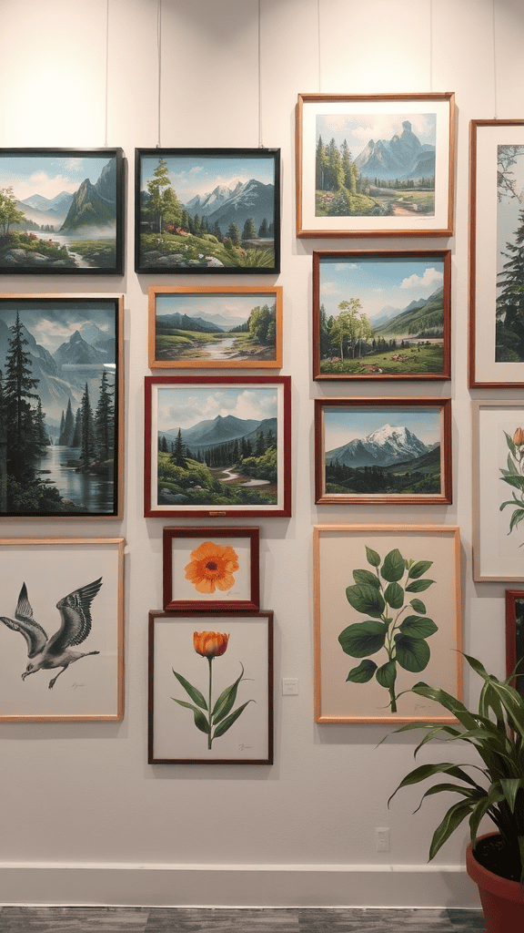 A collection of nature-inspired artwork displayed on a wall, featuring landscapes and floral designs.