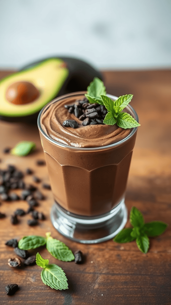 A glass of creamy avocado chocolate mousse topped with mint leaves and chocolate chips, with a whole avocado in the background.