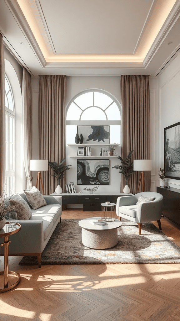 A stylish living room with light furniture, large windows, and modern decor.