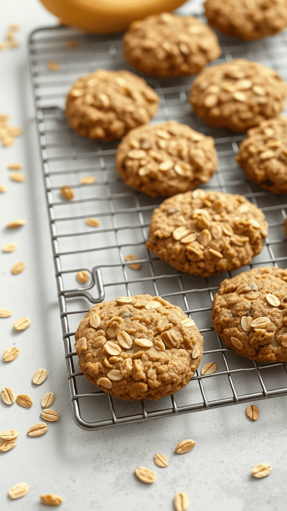 Freshly baked banana oatmeal cookies on a cooling rack
