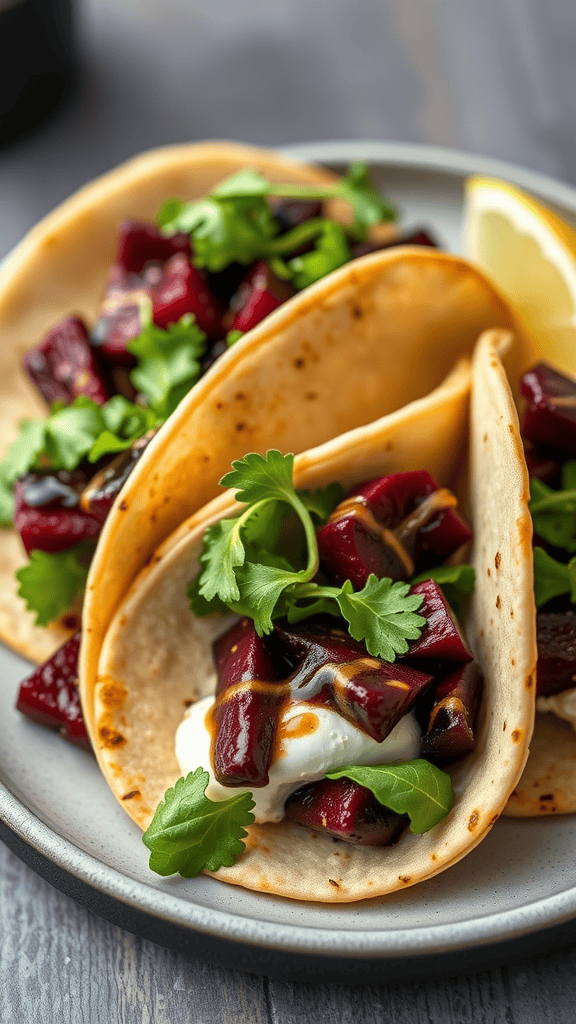 Beet and goat cheese tacos on a plate with fresh herbs and lemon wedges