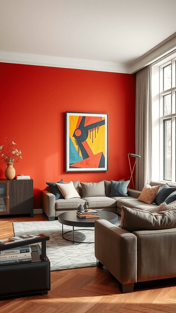 Living room with a bold red accent wall and colorful artwork